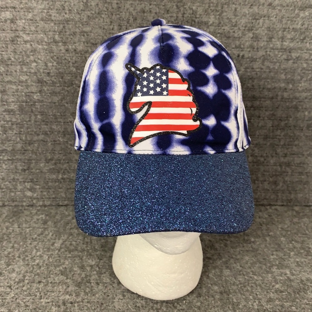 Justice Girls American Flag Unicorn Baseball Hat One Size Blue Tie Dye Glitter